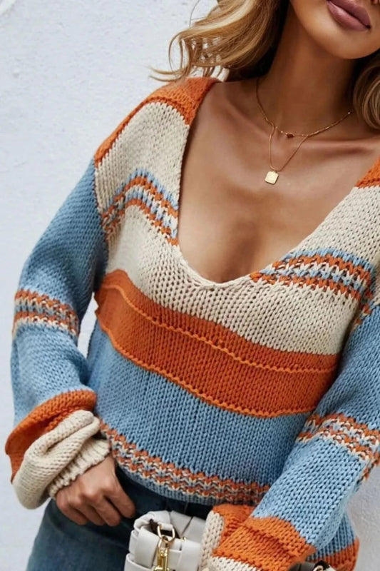 Angel Wings Color Block V - Neck Dropped Shoulder Sweater - ShalayeFashion
