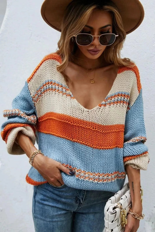 Angel Wings Color Block V - Neck Dropped Shoulder Sweater - ShalayeFashion