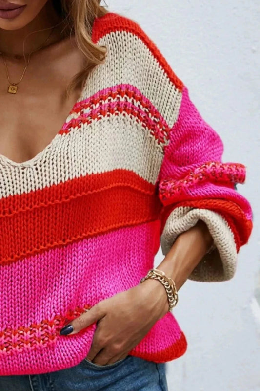 Angel Wings Color Block V - Neck Dropped Shoulder Sweater - ShalayeFashion