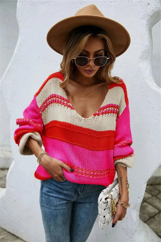 Angel Wings Color Block V - Neck Dropped Shoulder Sweater - ShalayeFashion