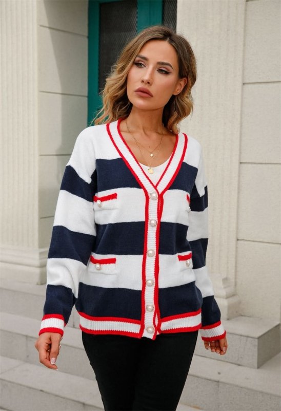 Angel Wings Color Block V - Neck Long Sleeve Cardigan - ShalayeFashion