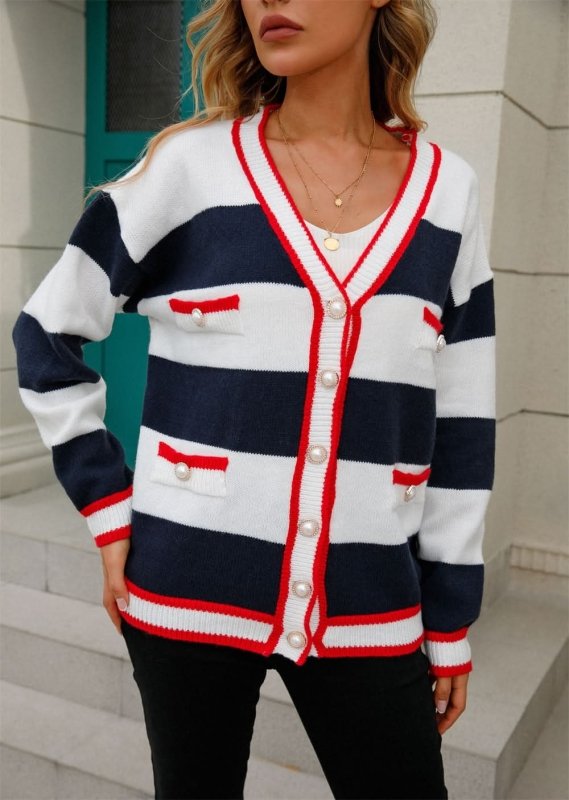 Angel Wings Color Block V - Neck Long Sleeve Cardigan - ShalayeFashion