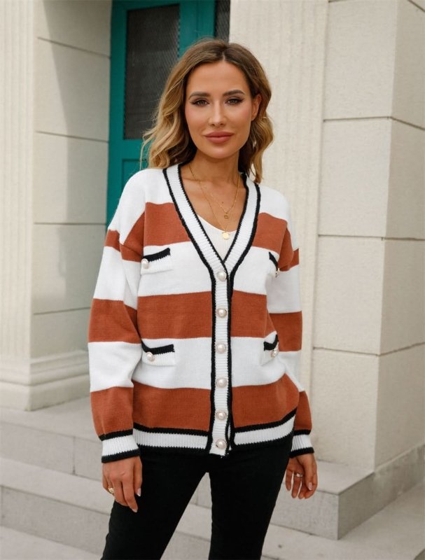 Angel Wings Color Block V - Neck Long Sleeve Cardigan - ShalayeFashion