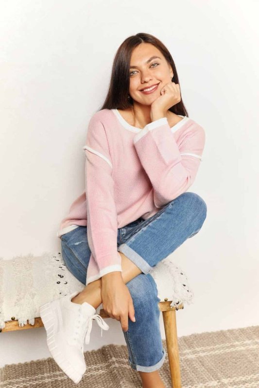 Angel Wings Contrast Detail Dropped Shoulder Knit Top - ShalayeFashion