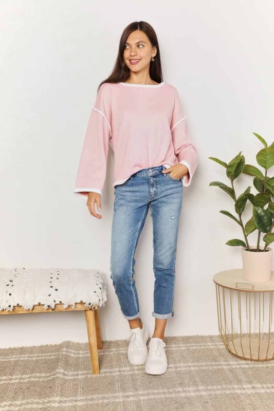 Angel Wings Contrast Detail Dropped Shoulder Knit Top - ShalayeFashion