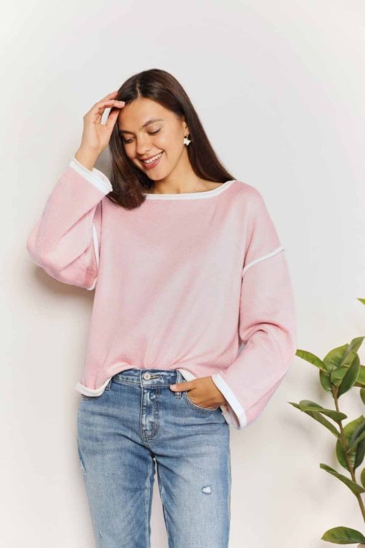 Angel Wings Contrast Detail Dropped Shoulder Knit Top - ShalayeFashion