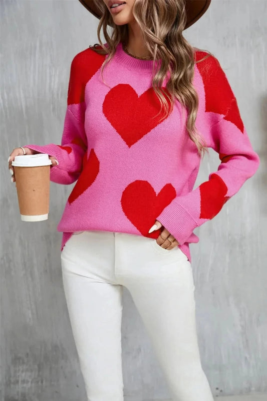 Angel Wings Contrast Heart Dropped Shoulder Long Sleeve Sweater - ShalayeFashion