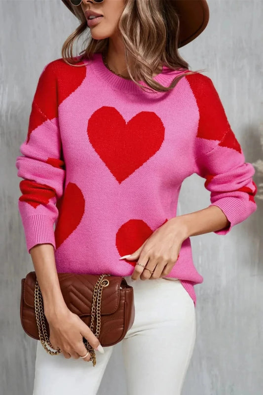 Angel Wings Contrast Heart Dropped Shoulder Long Sleeve Sweater - ShalayeFashion