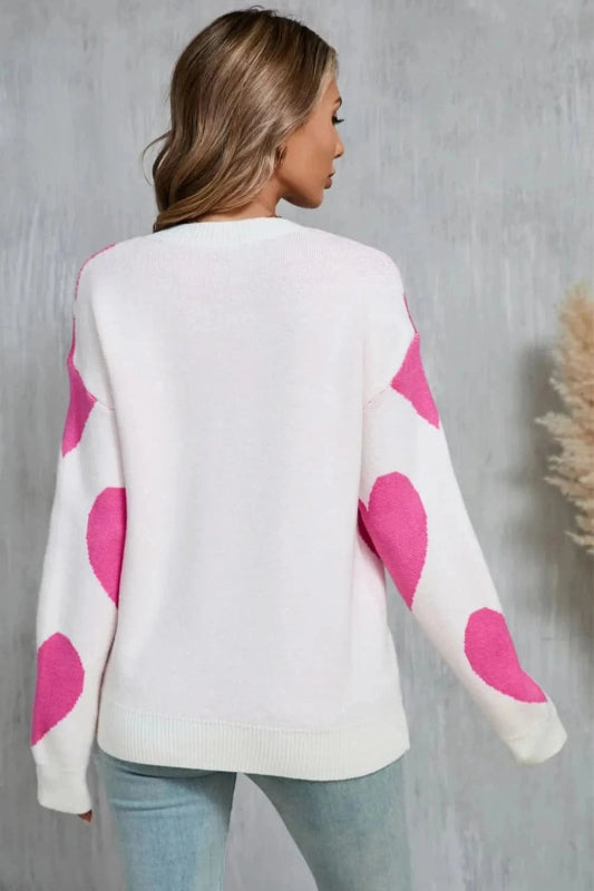 Angel Wings Contrast Heart Dropped Shoulder Long Sleeve Sweater - ShalayeFashion