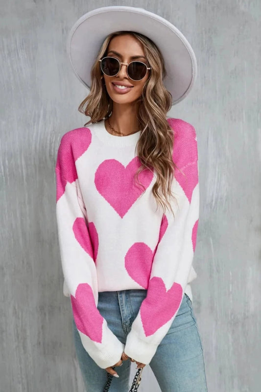 Angel Wings Contrast Heart Dropped Shoulder Long Sleeve Sweater - ShalayeFashion