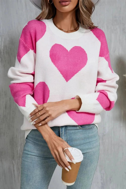Angel Wings Contrast Heart Dropped Shoulder Long Sleeve Sweater - ShalayeFashion