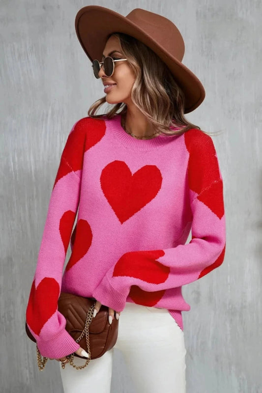 Angel Wings Contrast Heart Dropped Shoulder Long Sleeve Sweater - ShalayeFashion