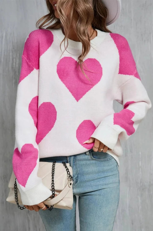 Angel Wings Contrast Heart Dropped Shoulder Long Sleeve Sweater - ShalayeFashion