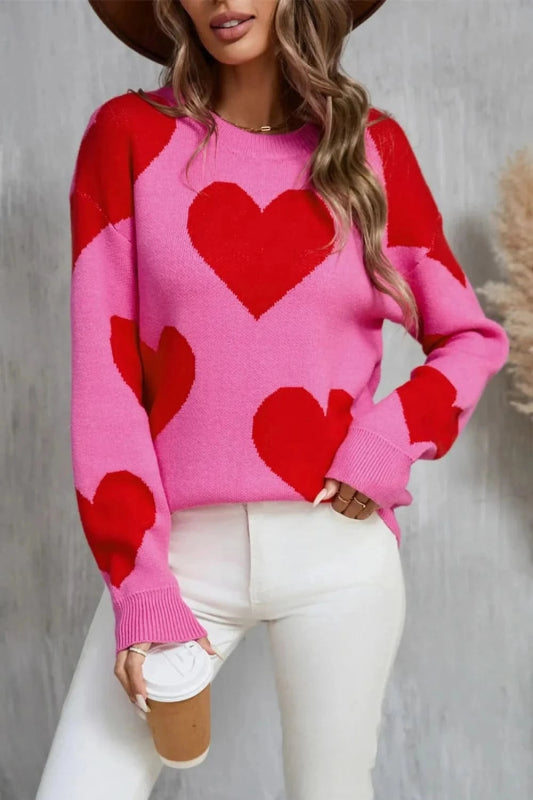Angel Wings Contrast Heart Dropped Shoulder Long Sleeve Sweater - ShalayeFashion