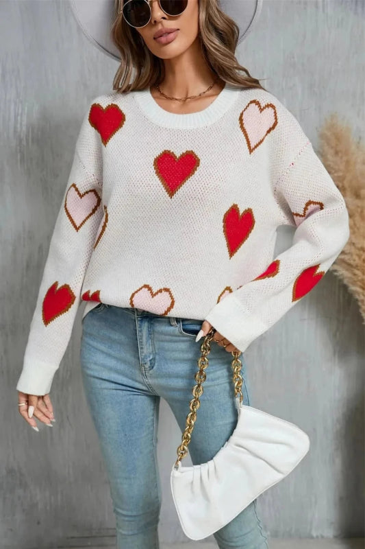 Angel Wings Contrast Heart Round Neck Long Sleeve Sweater - ShalayeFashion
