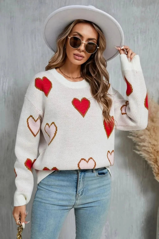 Angel Wings Contrast Heart Round Neck Long Sleeve Sweater - ShalayeFashion