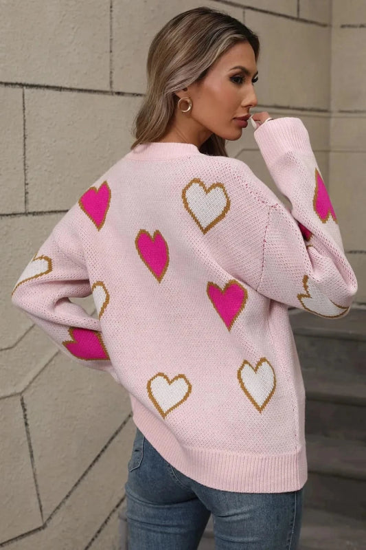 Angel Wings Contrast Heart Round Neck Long Sleeve Sweater - ShalayeFashion