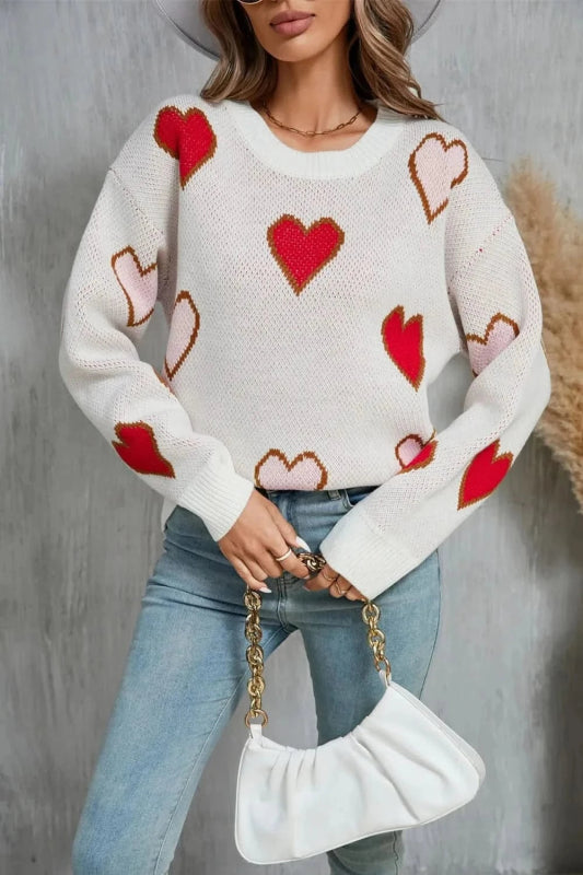 Angel Wings Contrast Heart Round Neck Long Sleeve Sweater - ShalayeFashion