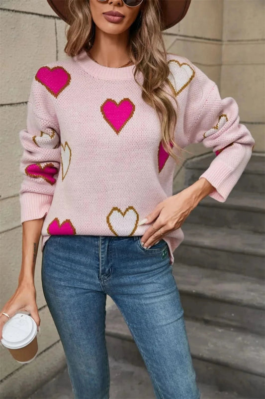 Angel Wings Contrast Heart Round Neck Long Sleeve Sweater - ShalayeFashion