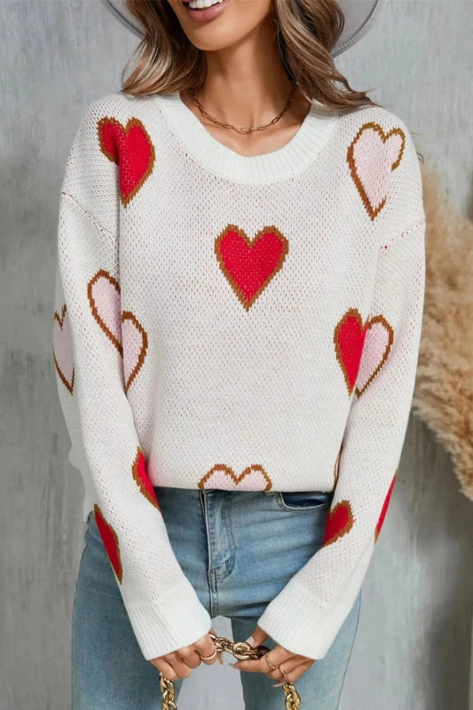 Angel Wings Contrast Heart Round Neck Long Sleeve Sweater - ShalayeFashion