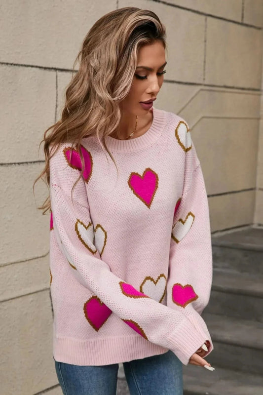 Angel Wings Contrast Heart Round Neck Long Sleeve Sweater - ShalayeFashion
