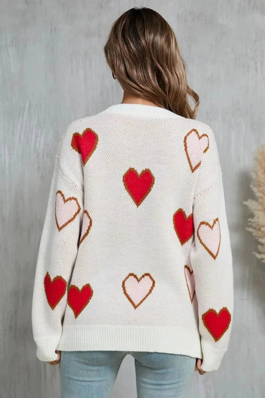 Angel Wings Contrast Heart Round Neck Long Sleeve Sweater - ShalayeFashion