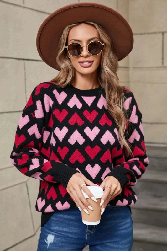 Angel Wings Contrast Heart Round Neck Sweater - ShalayeFashion