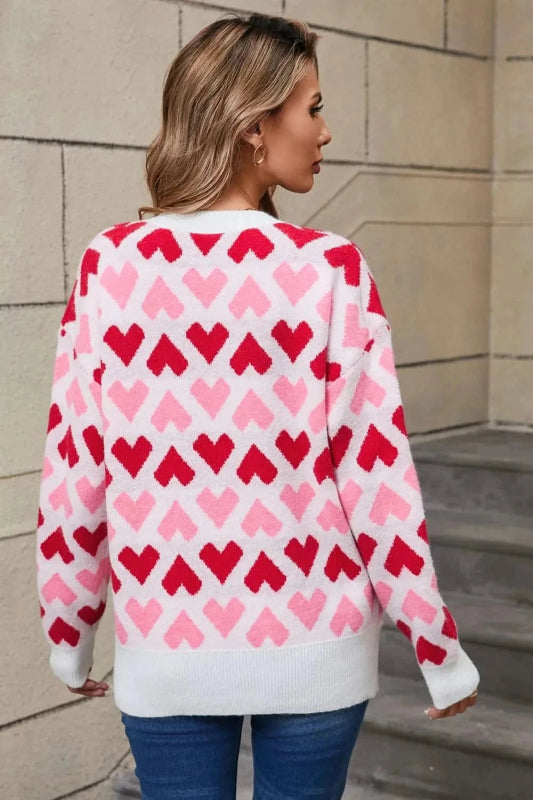 Angel Wings Contrast Heart Round Neck Sweater - ShalayeFashion
