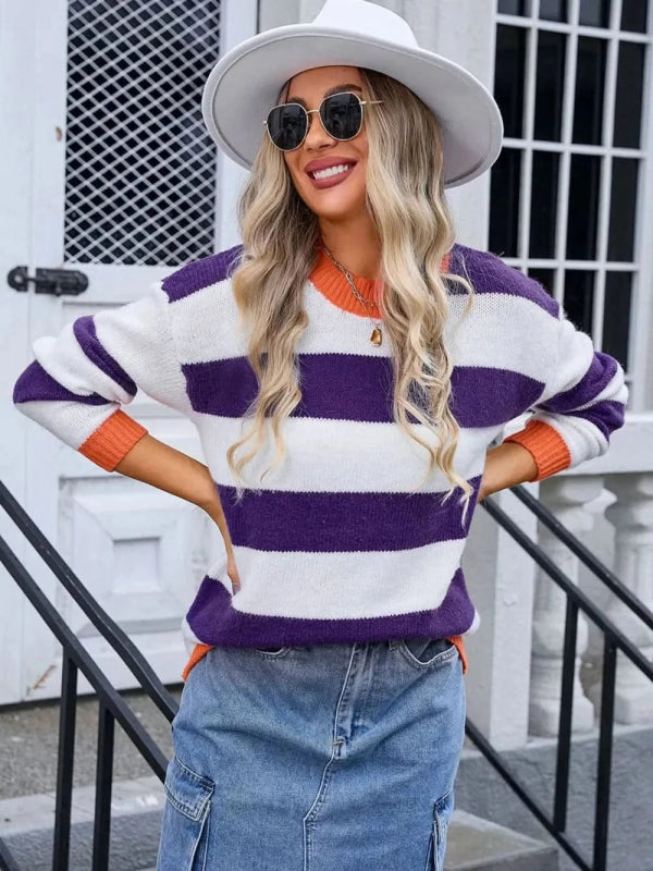Angel Wings Contrast Striped Round Neck Sweater - ShalayeFashion