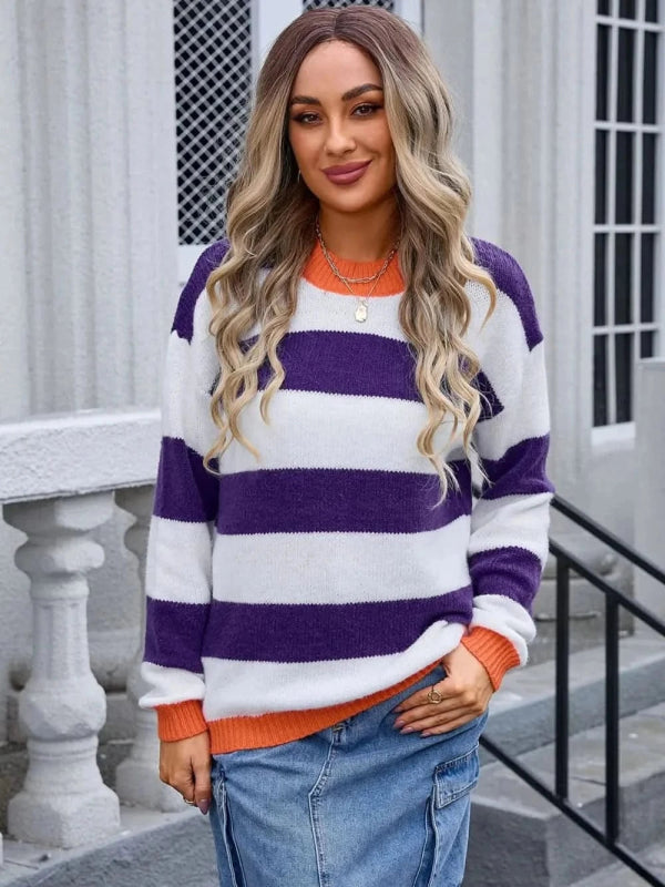 Angel Wings Contrast Striped Round Neck Sweater - ShalayeFashion