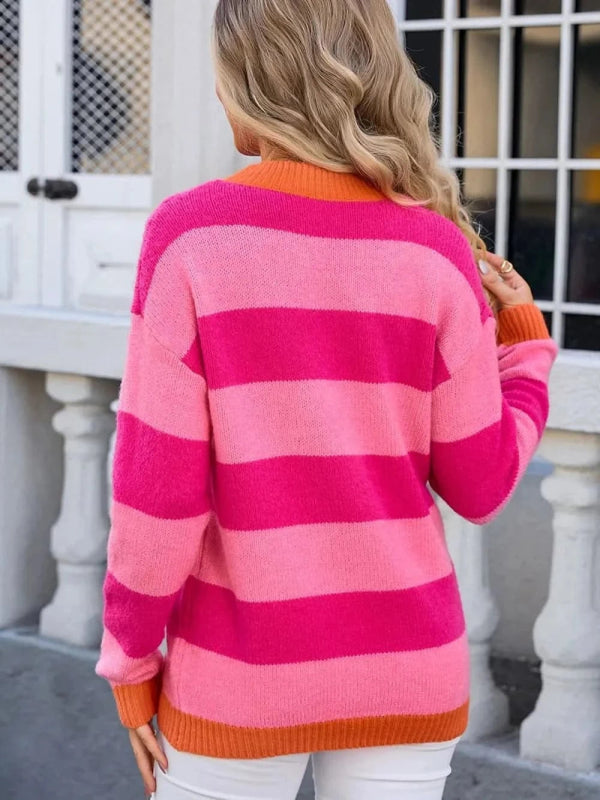 Angel Wings Contrast Striped Round Neck Sweater - ShalayeFashion
