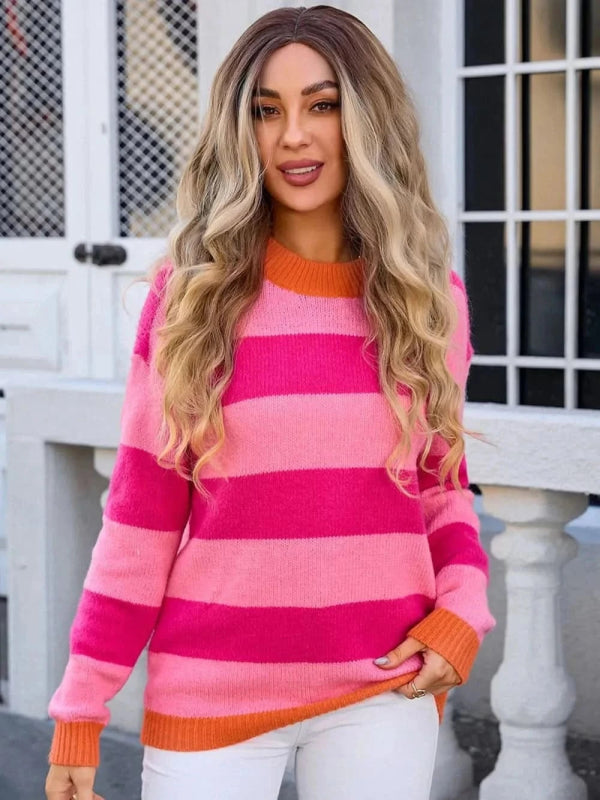 Angel Wings Contrast Striped Round Neck Sweater - ShalayeFashion