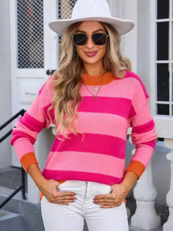 Angel Wings Contrast Striped Round Neck Sweater - ShalayeFashion
