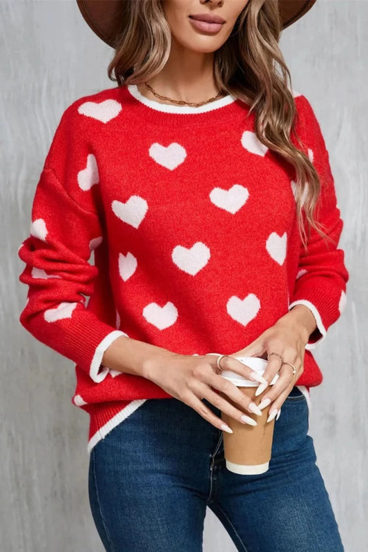 Angel Wings Contrast Trim Heart Round Neck Sweater - ShalayeFashion