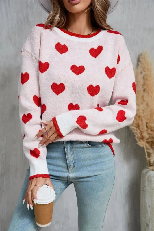 Angel Wings Contrast Trim Heart Round Neck Sweater - ShalayeFashion