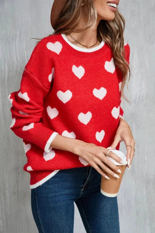 Angel Wings Contrast Trim Heart Round Neck Sweater - ShalayeFashion