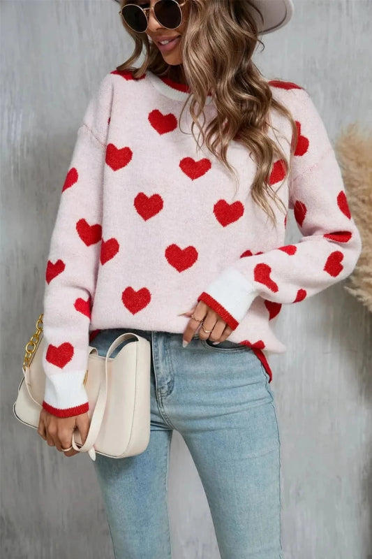 Angel Wings Contrast Trim Heart Round Neck Sweater - ShalayeFashion