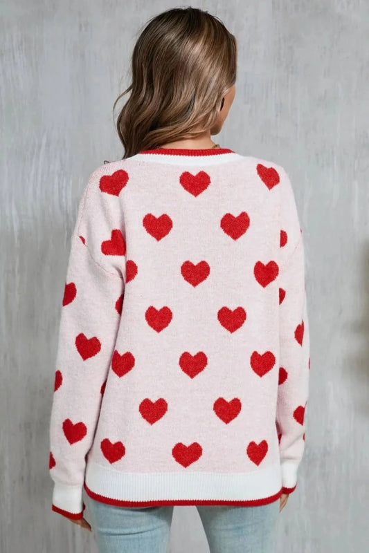 Angel Wings Contrast Trim Heart Round Neck Sweater - ShalayeFashion