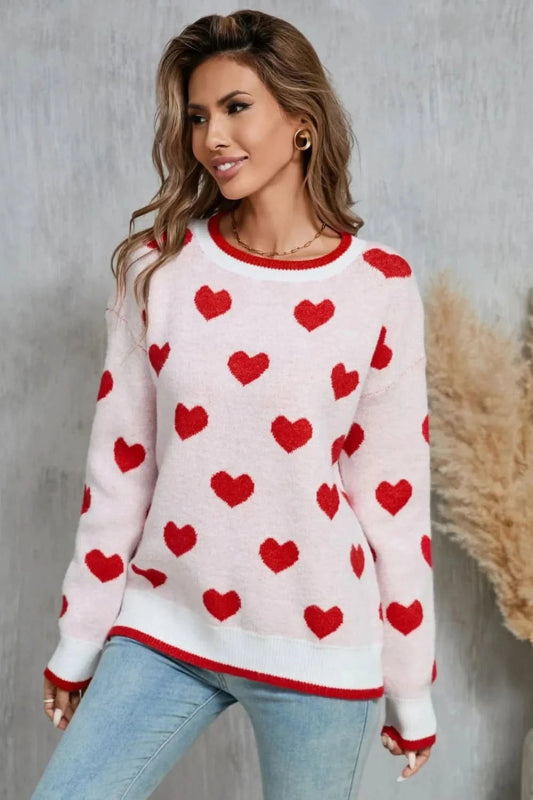 Angel Wings Contrast Trim Heart Round Neck Sweater - ShalayeFashion