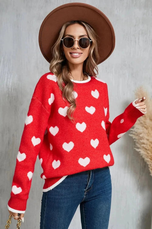 Angel Wings Contrast Trim Heart Round Neck Sweater - ShalayeFashion