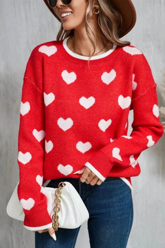 Angel Wings Contrast Trim Heart Round Neck Sweater - ShalayeFashion