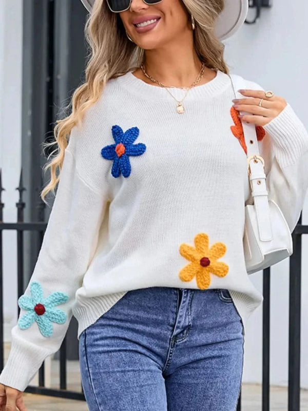 Angel Wings Crochet Flower Round Neck Sweater - ShalayeFashion