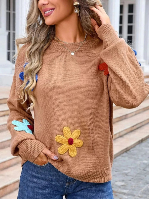 Angel Wings Crochet Flower Round Neck Sweater - ShalayeFashion