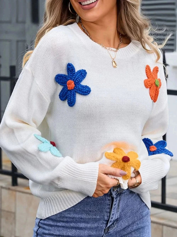 Angel Wings Crochet Flower Round Neck Sweater - ShalayeFashion