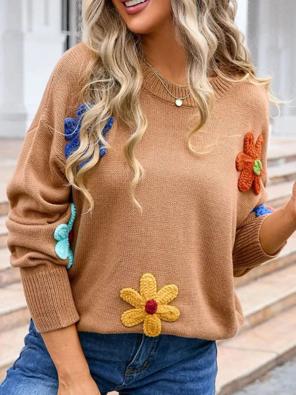 Angel Wings Crochet Flower Round Neck Sweater - ShalayeFashion