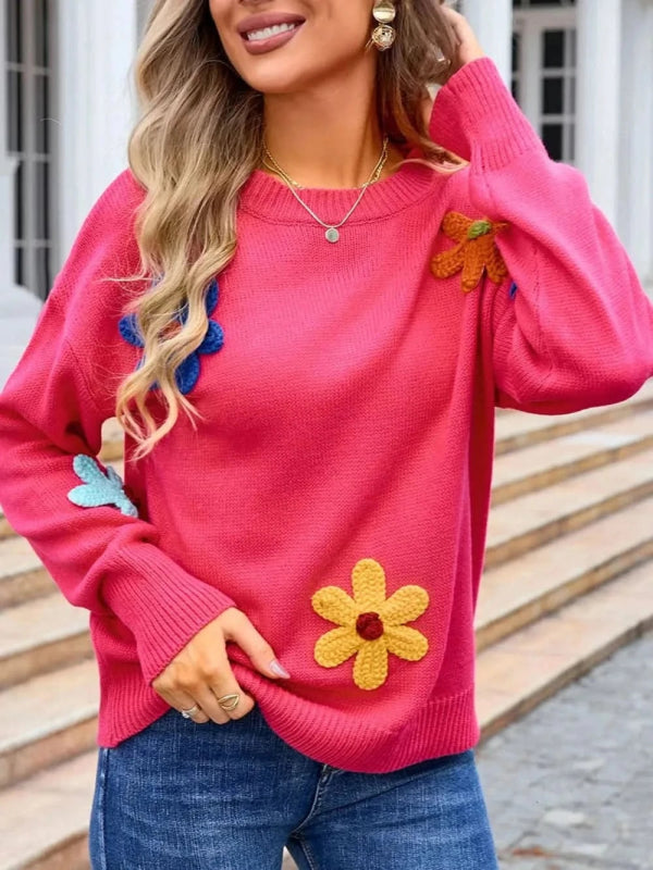 Angel Wings Crochet Flower Round Neck Sweater - ShalayeFashion