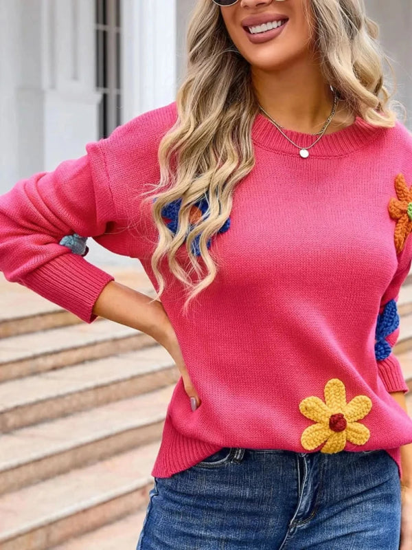 Angel Wings Crochet Flower Round Neck Sweater - ShalayeFashion