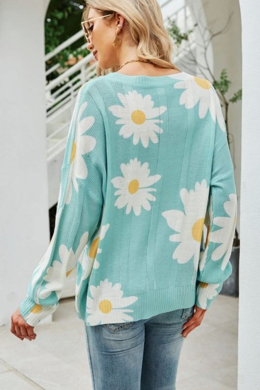 Angel Wings Daisy Print Openwork Round Neck Sweater - ShalayeFashion