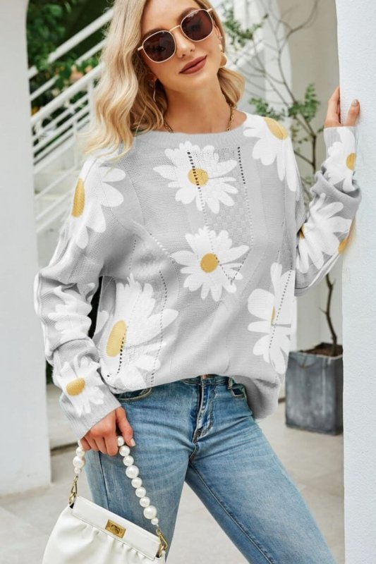 Angel Wings Daisy Print Openwork Round Neck Sweater - ShalayeFashion