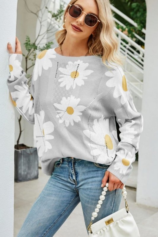 Angel Wings Daisy Print Openwork Round Neck Sweater - ShalayeFashion